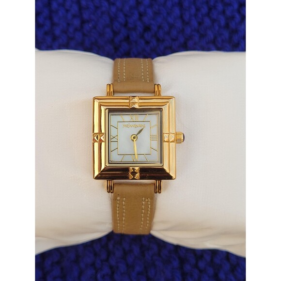 Yves Saint Laurent Tank Watch | 23mm Case|  Art Deco Mother of Pearl Camel Strap - Picture 1 of 10